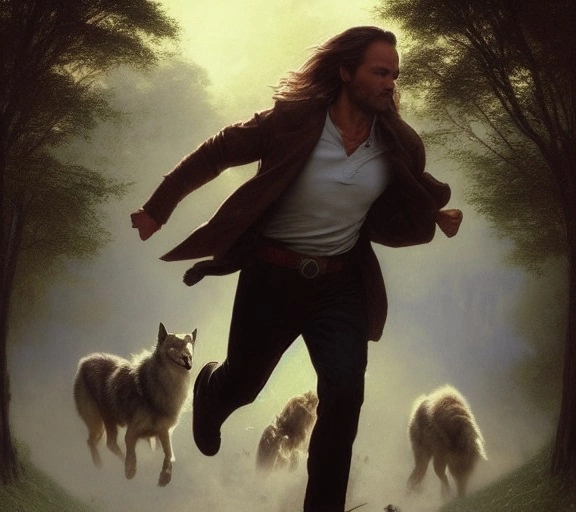 01665-1-chestnut brown-haired man running with wolves, wearing a hair sash on his shirt, Christian Kane_Taylor Kitsch hybrid, fantasy, d.webp